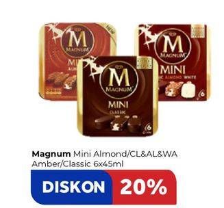 Promo Harga WALLS Magnum Mini Almond, Classic Almond, Classic Almond White, Classic Almond Chocolate Brownie per 6 pcs 45 ml - Carrefour