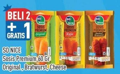 Promo Harga So Nice Sosis Siap Makan Premium Smoked Bratwurst, Original, Keju 60 gr - Hypermart