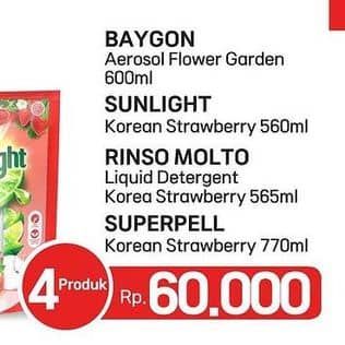 Promo Harga Baygon Insektisida Spray + Sunlight Pencuci Piring + Rinso Liquid Detergent + Super Pell Pembersih Lantai   - LotteMart