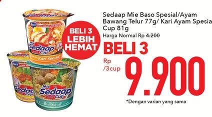Promo Harga Sedaap Mie Cup Kuah Baso Special/Mie Ayam Bawang Telur/Kari AYam Spesial  - Carrefour