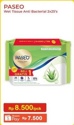 Promo Harga PASEO Cleansing Wipes Anti Bacterial per 2 pcs 25 sheet - Indomaret