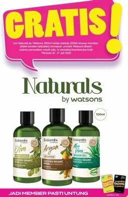 Promo Harga Gratis 1 pcs Naturals by watsons shampoo argan, shower gel aloe vera, conditioner olive 100ml  - Watsons