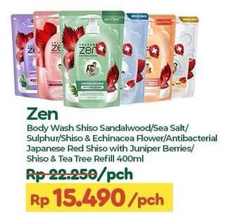 Promo Harga ZEN Anti Bacterial Body Wash Shiso Sandalwood, Shiso Sea Salt, Shiso Sulphur, Shiso E Flower, Red Shiso Juniper Berries, Shiso Tea Tree 400 ml - TIP TOP