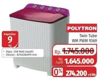 Promo Harga POLYTRON PWM9369 | Washing Machine Twin Tube 9kg  - Lotte Grosir