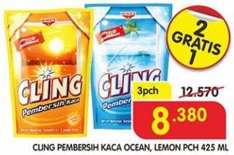 Promo Harga CLING Pembersih Kaca Lemon, Ocean Fresh per 3 pouch 425 ml - Superindo