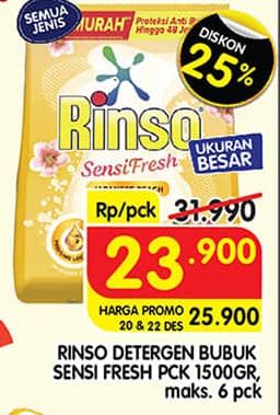 Promo Harga Rinso Anti Noda Deterjen Bubuk All Variants 1500 gr - Superindo