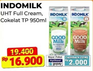 Promo Harga Indomilk Susu UHT Full Cream Plain, Cokelat 950 ml - Alfamart