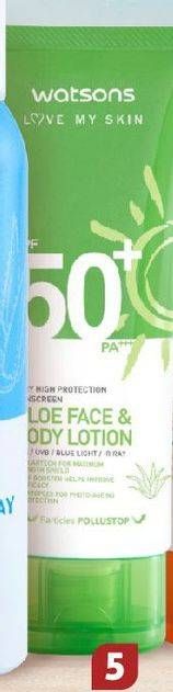 Promo Harga WATSONS SUN CARE ALoe Face and Body Lotion SPF50+ 100 ml - Watsons