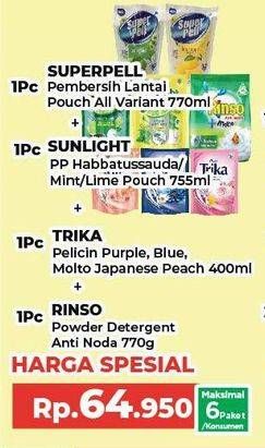 Super Pell Pembersih Lantai + Sunlight Pencuci Piring + Molto Trika + Rinso Anti Noda Deterjen Bubuk