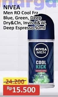 Promo Harga Nivea Men Deo Roll On Cool Kick Freezy Green, Deep, Black White Invisible Fresh, Deep Black Charcoal Espresso 50 ml - Alfamart