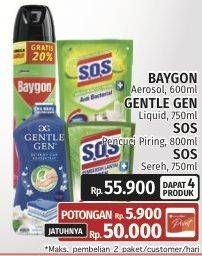 Baygon Insektisida Spray + Gentle Gen Deterjen + SOS Cairan Pencuci Piring + SOS Pembersih Lantai