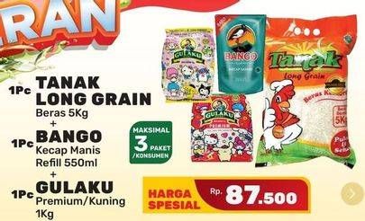 Promo Harga TANAK Beras Long Grain 5kg, BANGO Kecap Manis 550ml, GULAKU Gula Tebu Premium/Kuning 1kg  - Yogya