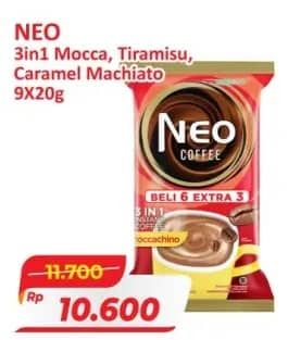 Promo Harga Neo Coffee 3 in 1 Instant Coffee Moccachino, Tiramissu, Caramel Machiato per 9 pcs 20 gr - Alfamart