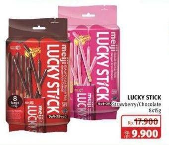 Promo Harga MEIJI Biskuit Lucky Stick Strawberry, Chocolate per 8 pcs 15 gr - Lotte Grosir