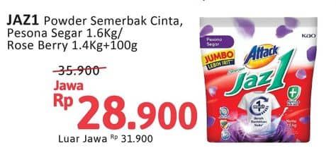 Promo Harga Attack Jaz1 Detergent Powder Semerbak Cinta, Pesona Segar, +Softener Rose Berry 1500 gr - Alfamidi