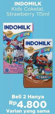 Promo Harga INDOMILK Susu UHT Kids Cokelat, Stroberi per 2 pcs 115 ml - Alfamart