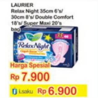 Promo Harga LAURIER Relax Night 35cm 6s/ 30cm 8s / Super Maxi 20s / Double Comfort 18s  - Indomaret