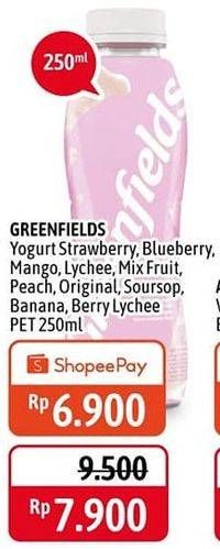 Promo Harga GREENFIELDS Yogurt Drink Banana, Berry Lychee, Blueberry, Lychee, Mango, Mixed Fruit, Peach, Soursop, Strawberry, Original 250 ml - Alfamidi