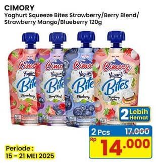 Promo Harga Cimory Yoghurt Squeeze Bites Strawberry, Berry Blend, Strawberry Mango, Blueberry 120 gr - Indomaret