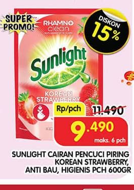 Promo Harga Sunlight Pencuci Piring Korean Strawberry, Anti Bau With Daun Mint, Higienis Plus With Habbatussauda 600 ml - Superindo