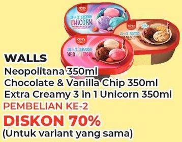 Promo Harga WALLS Ice Cream Neopolitana, Chocolate Vanilla With Chocolate Chip, Unicorn 3 In 1 350 ml - Yogya