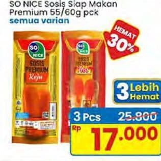 Promo Harga So Nice Sosis Siap Makan Premium All Variants 60 gr - Indomaret