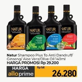 Promo Harga Natur Shampoo Ginseng Extract Anti Hair Fall, Olive Oil Vitamin E, Tea Tree Oil Anti Dandruf, Aloe Vera Extract Hair Nutritive 140 ml - Carrefour
