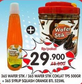 Promo Harga 365 Wafer Stik / Wafer Stick Coklat Tps 500gr + 365 Syrup Squash Orange Btl 525ml  - Superindo