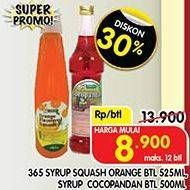 Promo Harga 365 Syrup Squah Orange Btl 525ml, Syrup Cocopandan Btl 500ml  - Superindo