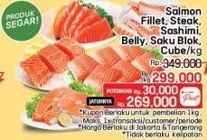 Promo Harga Salmon Filler, Steak, Sashimi, Belly, Saku Blok, Cube  - LotteMart