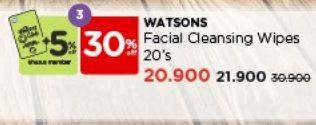 Promo Harga Watsons Facial Cleansing Wipes 20 pcs - Watsons