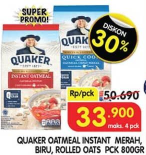 Promo Harga Quaker Oatmeal Instant, Quick Cooking, Rolled Oats 800 gr - Superindo