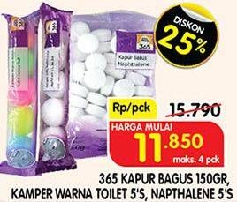 Promo Harga 365 Kapur Barus 150 g, Kamper Warna Toilet 5s, Napthalene 5s  - Superindo