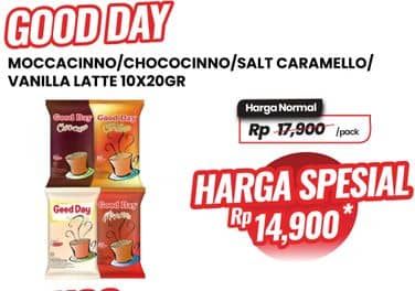 Promo Harga Good Day Instant Coffee 3 in 1 Mocacinno, Chococinno, Rock Salt Caramello, Vanilla Latte per 10 sachet 20 gr - Carrefour