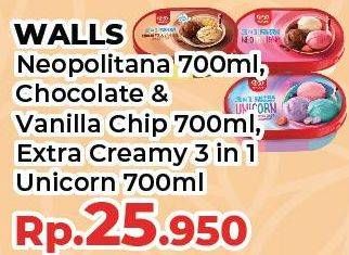 Promo Harga WALLS Ice Cream Neopolitana, Chocolate Vanilla With Chocolate Chip, Unicorn 3 In 1 700 ml - Yogya