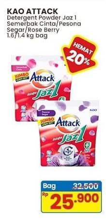 Promo Harga Attack Jaz1 Detergent Powder Semerbak Cinta, +Softener Rose Berry, Pesona Segar 1400 gr - Indomaret