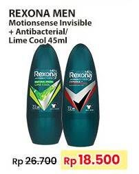 Promo Harga Rexona Men Deo Roll On Invisible + Antibacterial, Motion Sense Lime 45 ml - Indomaret
