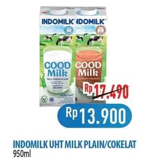 Promo Harga Indomilk Susu UHT Full Cream Plain, Cokelat 950 ml - Hypermart