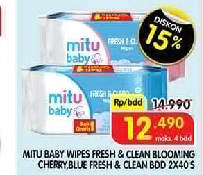 Promo Harga Mitu Baby Wipes Fresh & Clean Pink Blooming Cherry, Blue Blossom Berry per 2 pouch 40 pcs - Superindo