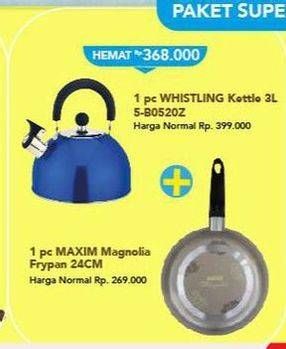 Promo Harga Whistling Kettle 3L + MAXIM Magnolia Frypan 24cm  - Carrefour
