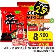 Promo Harga NONGSHIM Noodle Shin Ramyun Spicy Mushroom, Neoguri Udon 120 gr - Superindo