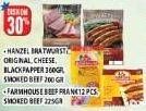Promo Harga HANZEL Bratwurst 360gr/Smoked Beef 200gr/FARMHOUSE Beef Frankfurter Sausage/Smoked Beef 225gr  - Hypermart