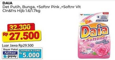 Promo Harga Daia Deterjen Bubuk Putih, Bunga, + Softener Pink, + Softener Violet, Clean Fresh Hijab 1700 gr - Alfamart