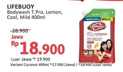 Promo Harga Lifebuoy Body Wash Total 10, Lemon Fresh, Cool Fresh, Mild Care 400 ml - Alfamidi