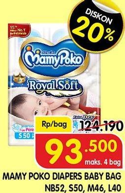 Promo Harga Mamy Poko Perekat Royal Soft S50, M46, NB52, L40 40 pcs - Superindo