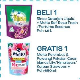 Promo Harga Rinso Liquid Detergent + Molto Pink Rose Fresh, + Molto Purple Perfume Essence 1500 ml - Indomaret