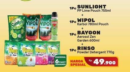 SUNLIGHT Pencuci Piring + WIPOL Karbol + BAYGON Aerosol + RINSO Powder Detergent