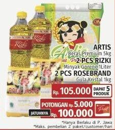 Rizki Minyak Goreng + Rose Brand Gula Kristal Putih + Artis Beras Premium