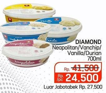 Promo Harga Diamond Ice Cream Neapolitan, Vanilla With Chocolate Chip, Vanila, Durian 700 ml - Lotte Grosir