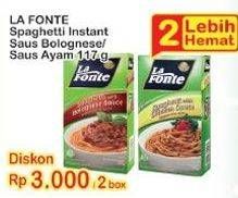 Promo Harga LA FONTE Spaghetti Instant Bolognese Sauce, Chicken Sauce per 2 box 117 gr - Indomaret